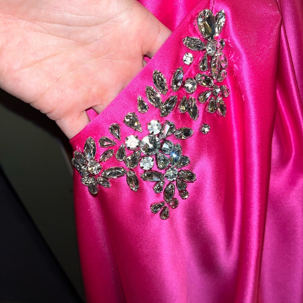 Sherri Hill Hot Pink Satin Prom Dress with Crystal Embellishments - Picture 4 of 4